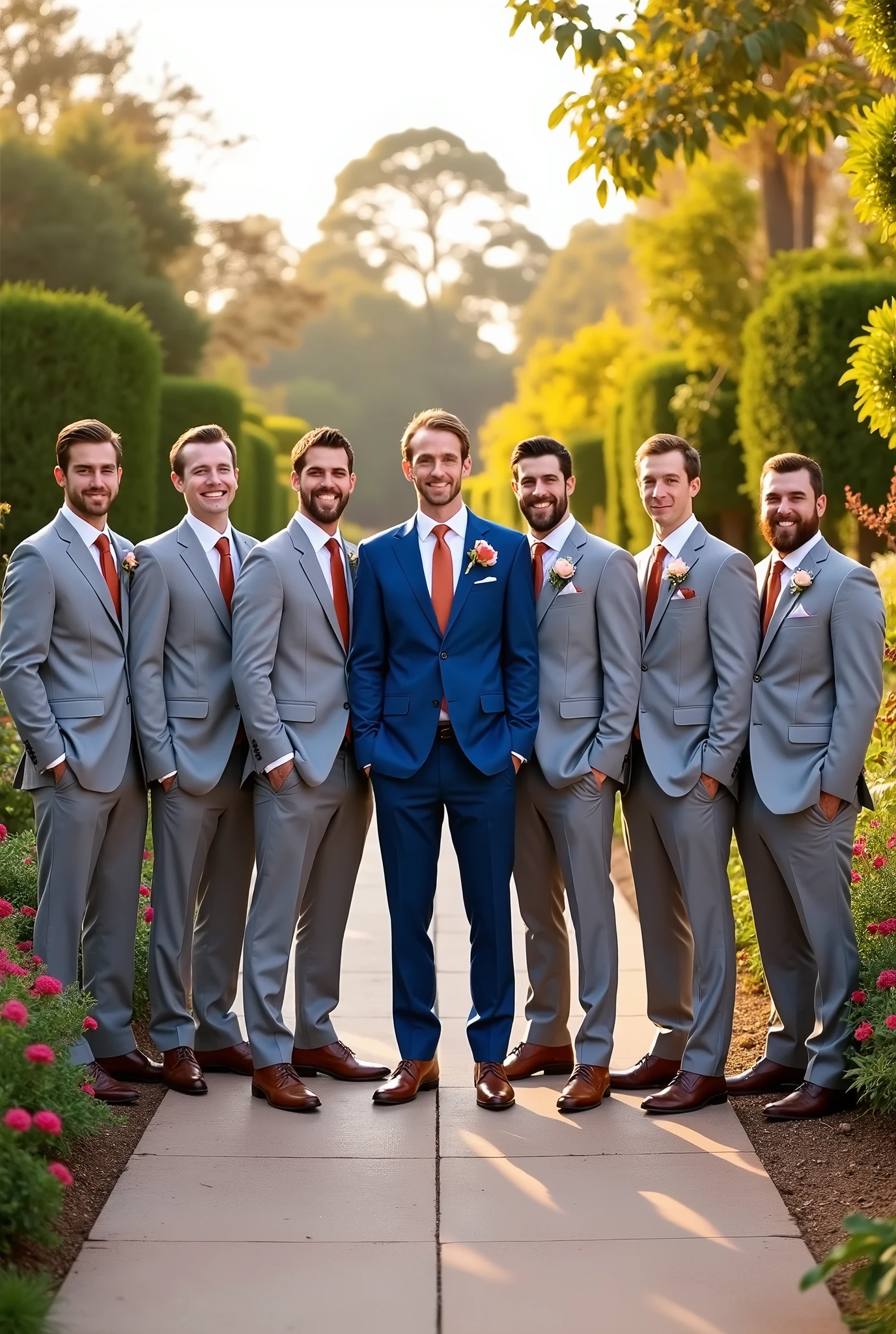 6 groomsmen in light gray suits and terracotta-colored ties and the groom in blue suit in the middle