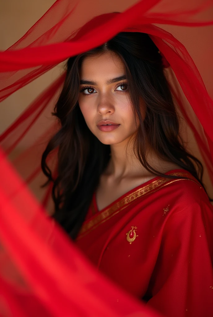 A girl with beautiful eyes and waring red saree long hair full photo