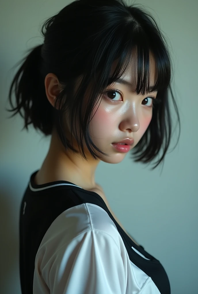 Realistic glowing skin, (sweating:1.8),Stand backwards,Look back at your face,Always look at the camera,(sweating:1.6),(Nipples are visible:1.4),,(whole body:1.8),(Shiny, slimy, realistic skin:1.9)
,Cold look,Cold Stare,Black Hair,short hair,Tie your hair short,Silky translucent white skin,,(Very detailed美しい顔), Great face and eyes, (Highest quality:1.4), (Very detailedな), (Very detailed CG 統合 8k 壁紙), Very detailed, High resolution raw color photos, Professional photography, Realistic portrait,Sweat
(少女のwhole bodyの詳細なRAW写真), Canon EOS R5 250mm, Sharp focus, Cinema Lighting, (No makeup:1.2), Fine skin, Delicate collarbone,,(Ultra-high resolution:1.6), (Realistic:1.6), ,(Wearing a white sports bra:1.9),(Japanese junior high school girls:1.9)