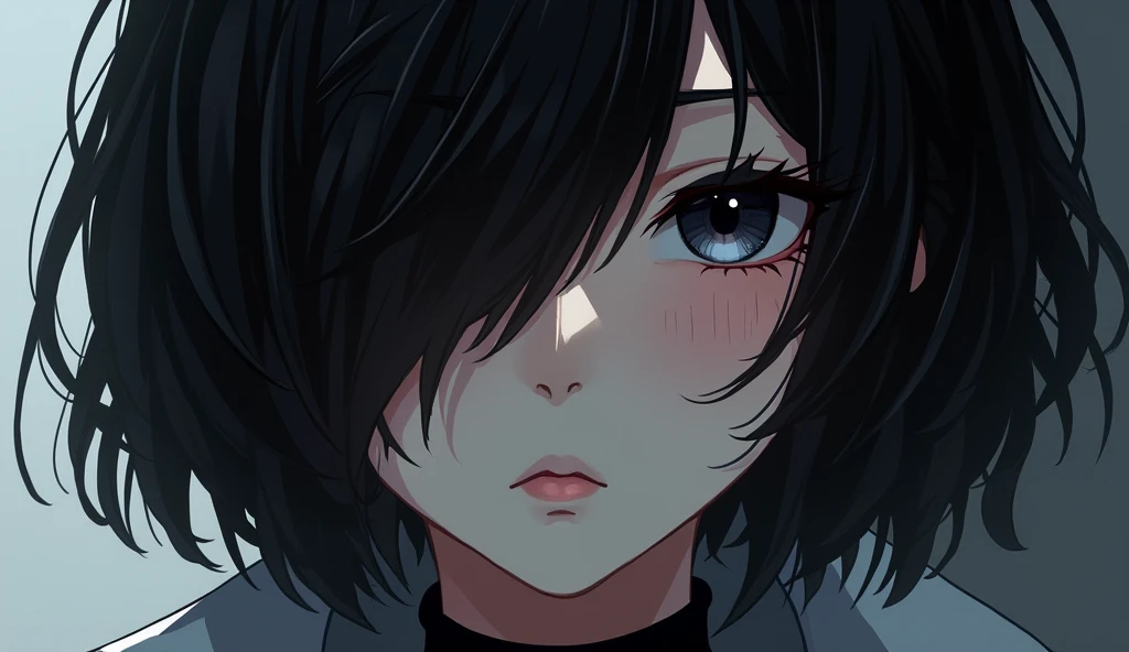Anime characters, For women, Short hair down to the ears, The bangs are half-length, With one eye covered、His eyes are closed、The open eyes have pitch black irises
