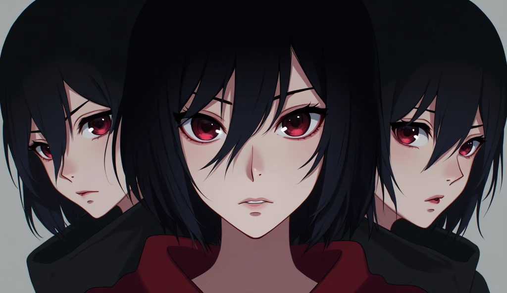 Anime characters, For women, Short hair down to the ears, The bangs are half-length, With one eye covered、His eyes are closed、The open eyes have pitch black irises 
 