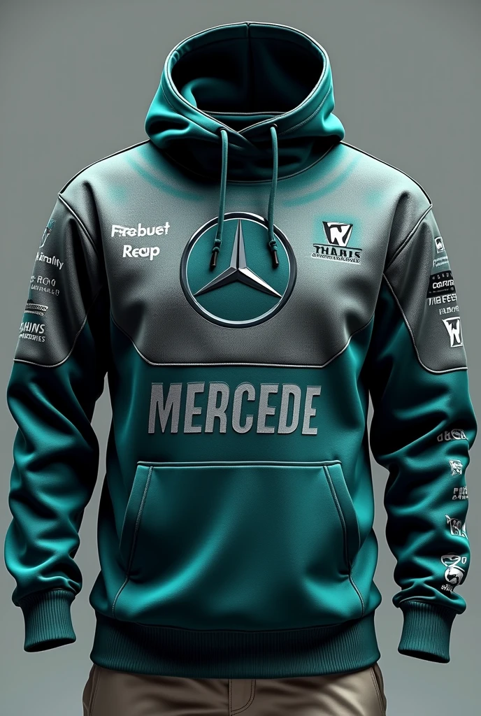 Design a Formula 1 sweatshirt with the Mercedes colors and brand without car images