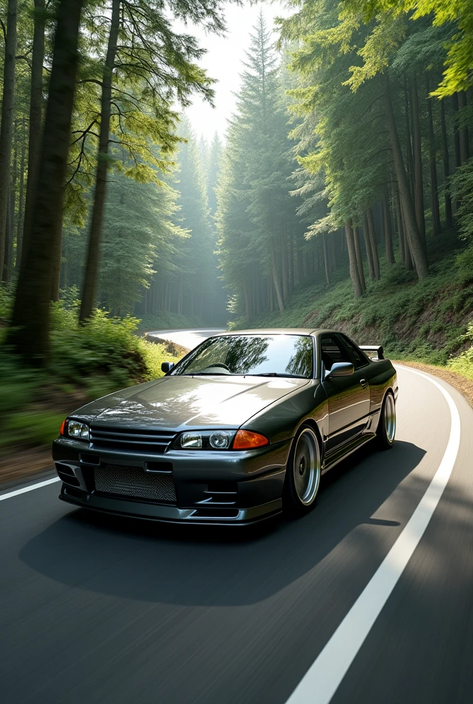 2 door sedan GTR-R32 in a forest highway
