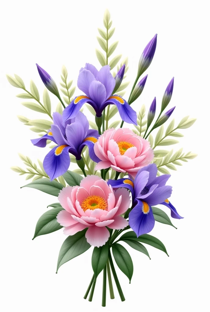 a bouquet of flowers with a color palette of purple, pink and light green with a white background