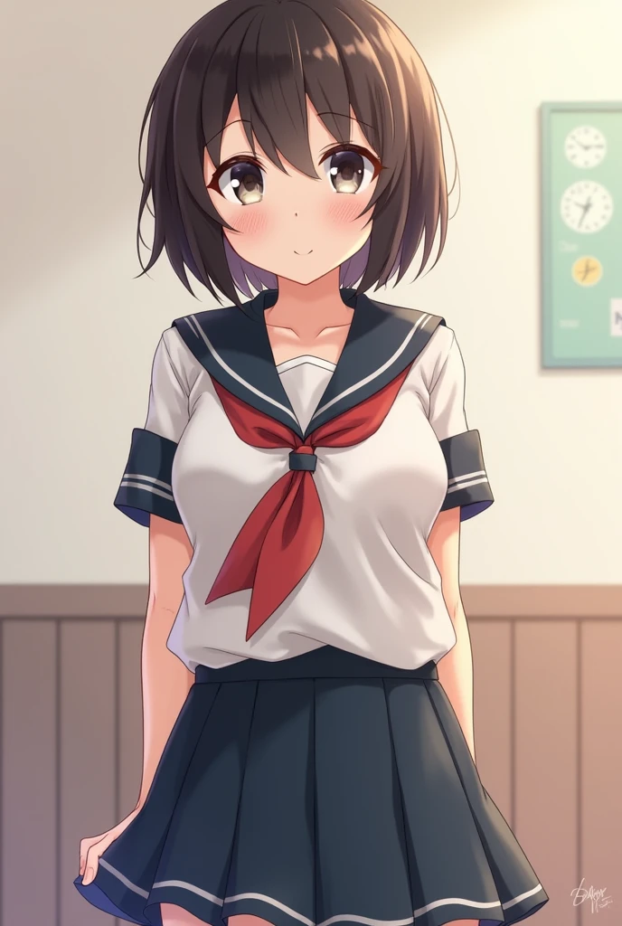 A cute middle school girl with short hair and short stature wearing a uniform。I can see the bulge in my chest。A realistic girl with big breasts