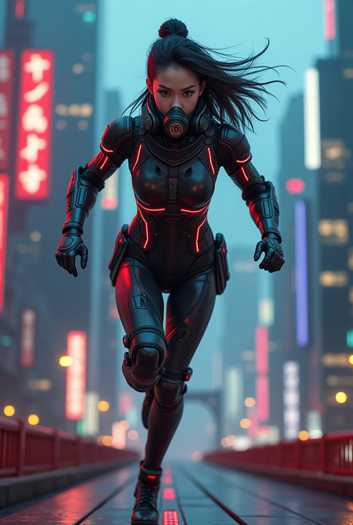 photo-realistic, ultra-realistic, very beautiful Japanese futuristic soldier, famous Japanese idol, 25 years old, dramatic scene, masterpiece, beautiful eyes, running on the top wire of golden gate bridge, skyscrapers, (cyber punk glossy mecha armor suits with neon sign), dynamic pose, dynamic angle, dangerous place, (face focus), (full face gas mask:1.5)
