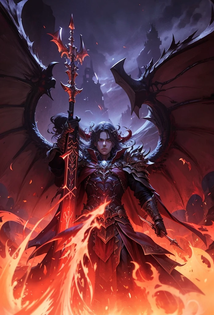 Mohg lord of blood, anime boy, best quality, wings, trident weapon, elden ring, rpg character