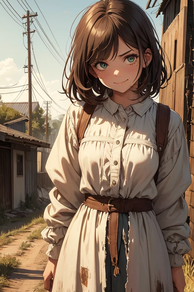 Close up on a young woman with a crooked smile standing on a dirt road in a small and rural town. She has short, messy, mousy brown hair and green eyes and tan skin. She is short but looks tough and strong, like a person who works hard. Despite her youth her hard life of poverty has made her scarred and weathered from years of hard work. She has crooked teeth and a big, slightly crooked, smile. She is wearing simple and practical clothing of a poor, working class woman from the 19th century. Her face and clothes are slightly dirty and her clothes are patched and torn. Crooked smile + crooked teeth + young + poor + dirty + friendly + happy + strong + scars + messy, dirty, torn, and patched clothes + simple and cheap clothes + practical clothing + short, dull, and messy, mousy brown hair + green eyes. Early modern setting, 19th century, no advanced technology, clothing or items.