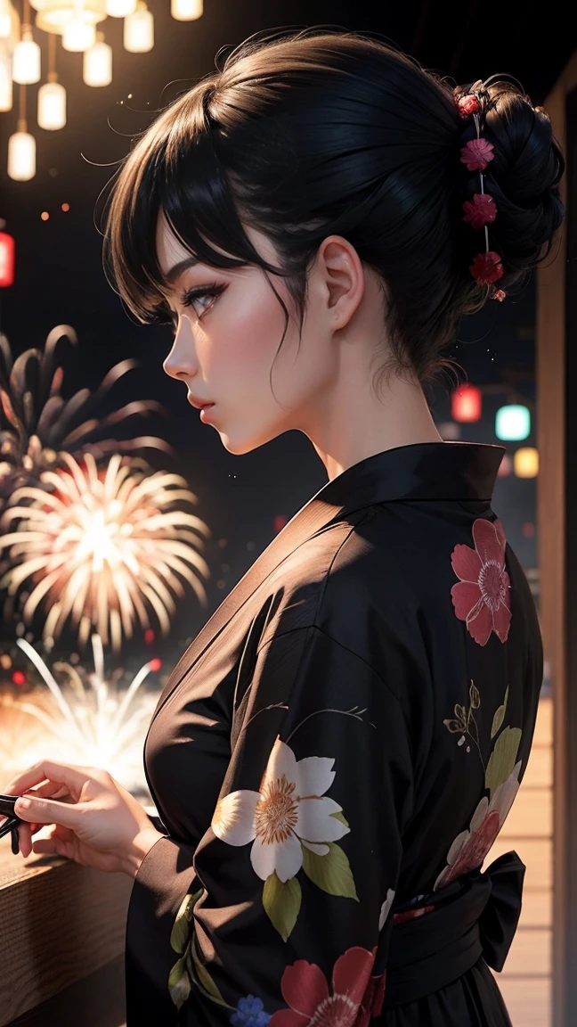 yukata　Fireworks　Mature Woman　Black hair chignon