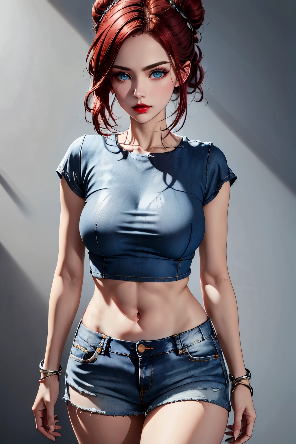 a one woman, red hair bun, com um top jeans, short denim skirt, blue colored eyes, red lipgloss stick, silver bracelet on both arms, super detaill, high resolution, 8k, Overview