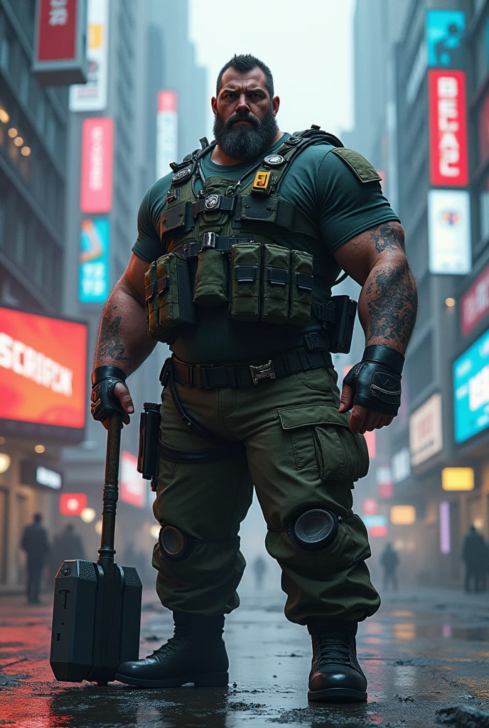 Create a 130-kilogram burly man, hunter and ex-military man with a combat hammer in his hand in the world of cyberpunk