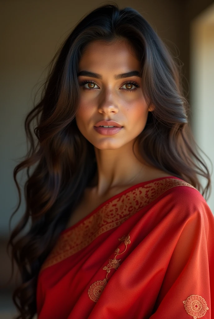 A girl with beautiful eyes and waring red saree long hair full photo sexy