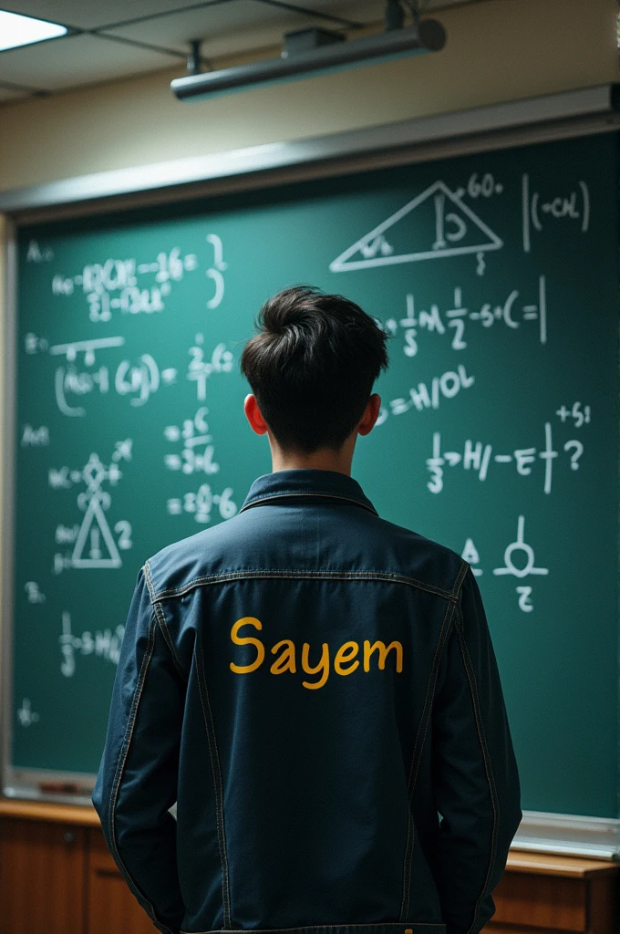 Solving physics math on electric board and he wear a jacket in the jacket his name was showed and it was Sayem take the image from back 