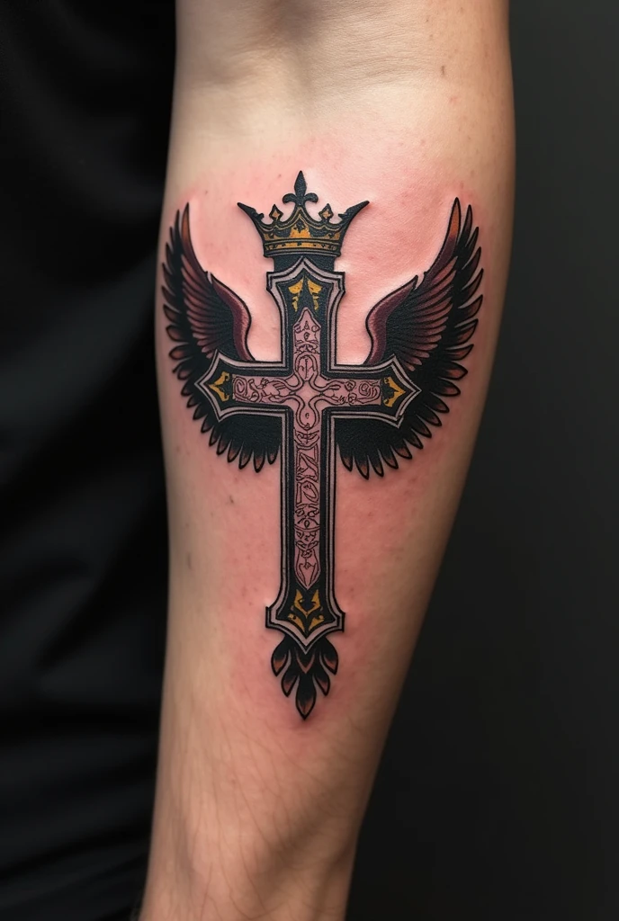 Cross with a crown and wings for a simple tattoo on the abdomen