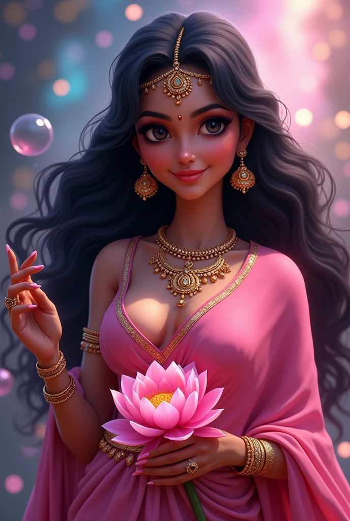 (absurderes, A high resolution, Ultra detailed, hdr), Masterpiece, Best quality, closeup portrait of Indian Goddess Lakshmi in an animated style, draped in a stunning (((pink))) saree, her long black wavy hair flowing untied. She wears intricate head jewellery, a dazzling necklace, earrings, armlets, bangles, and rings. With bright big black eyes and a pleasant expression, she holds a blooming lotus flower. The scene is set with vibrant colors, dreamy northern lights, and soft lighting, with pink bubbles surrounding her in a romantic, vintage aesthetic. An Exhibitionist Amorous MILF with voluptuous breasts and a deep V-neck blouse cleavage.