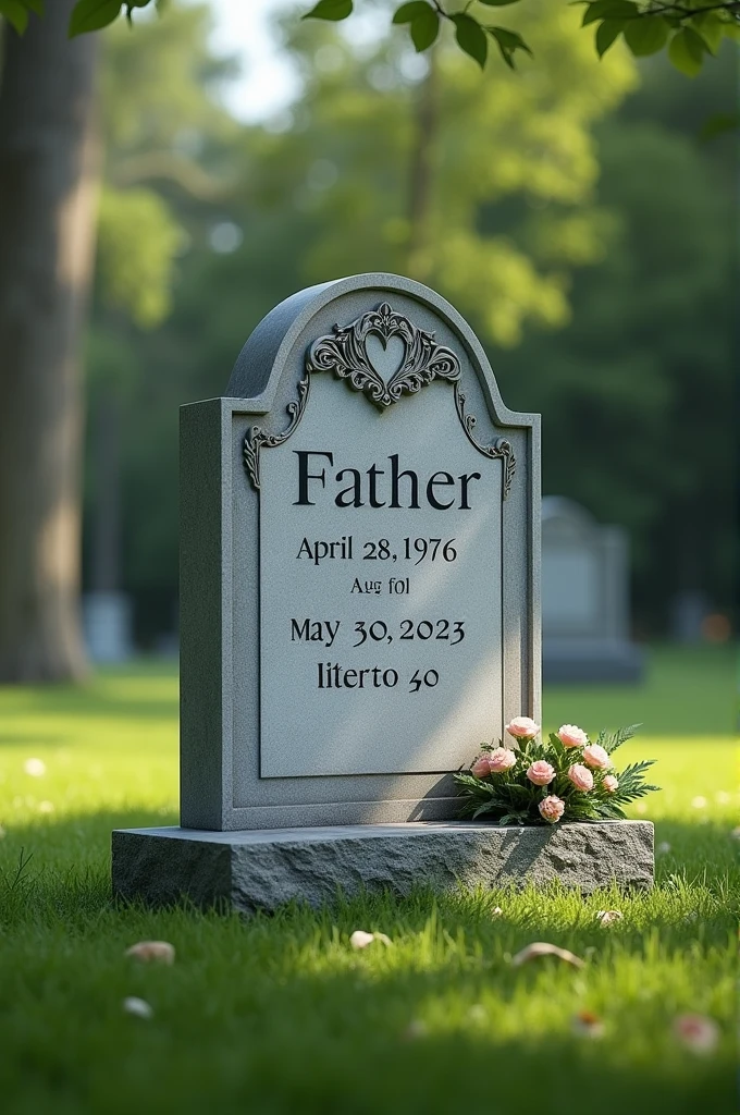 Create a grave headstone for my late Father who was born on the 28 of April 1976 and passed on the 30th of May 2024 