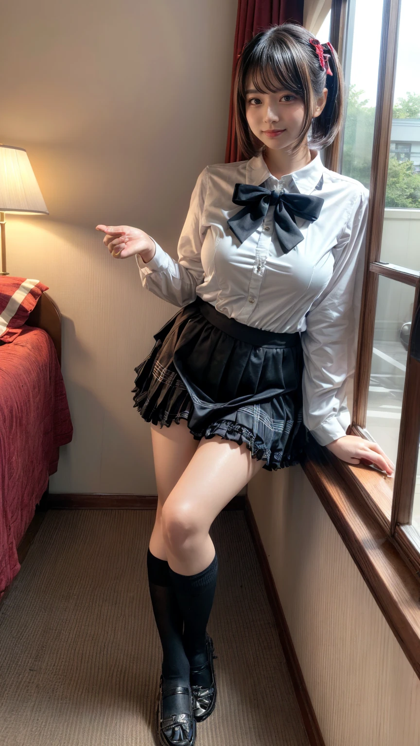 (8k、RAW Photos、Highest quality、masterpiece:1.2)、(Realistic、Realistic)、1 person、((View from the front、See-through、Twin tails、Black and white、Looking into the camera、check、boots、mini skirt、High school uniform、、Standing with one hand on hip、Frills、))、cute