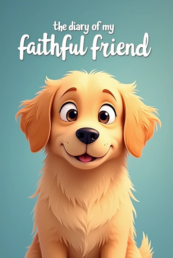 Cute golden retriever face animated image with title "The diary of my faithful friend" in Spanish with elegant and stylish font and blue gradient background 