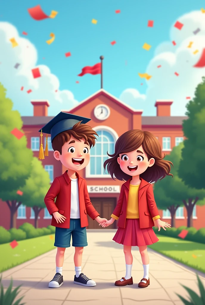 Graduation,Must have school building characteristics,1 boy and 1 girl in school uniforms(cartoon)