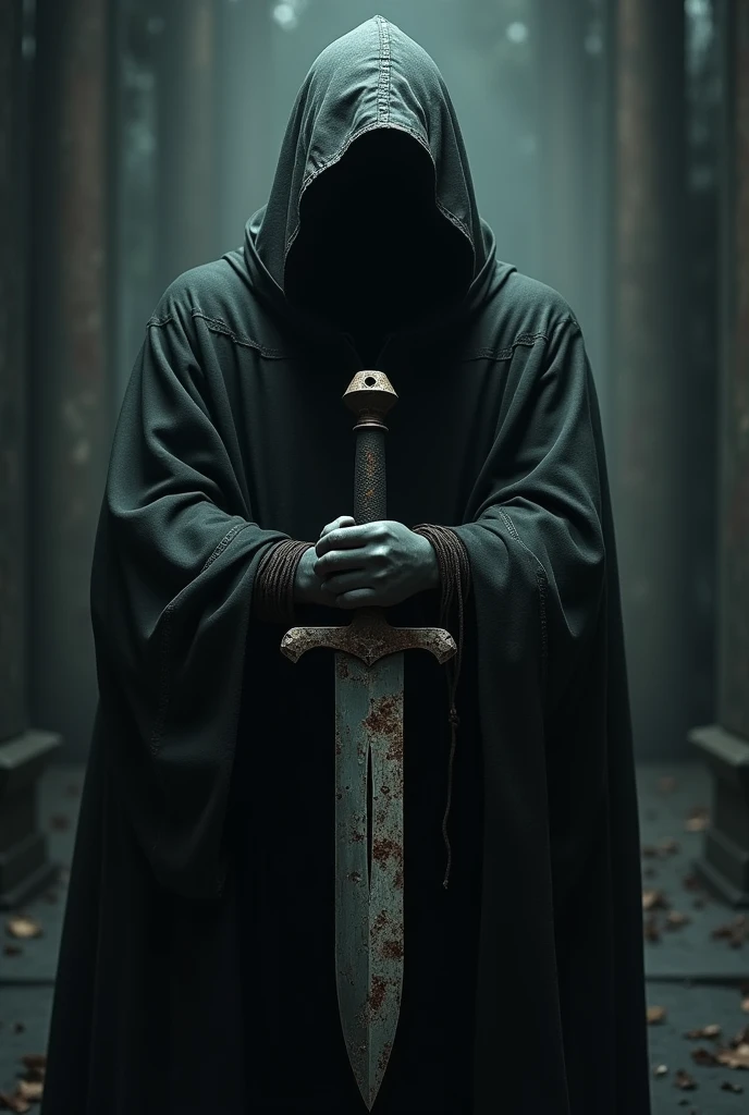 Create an image of a hooded figure, and a dagger with its rusty and nicked blade, but it has to be really scary and dark