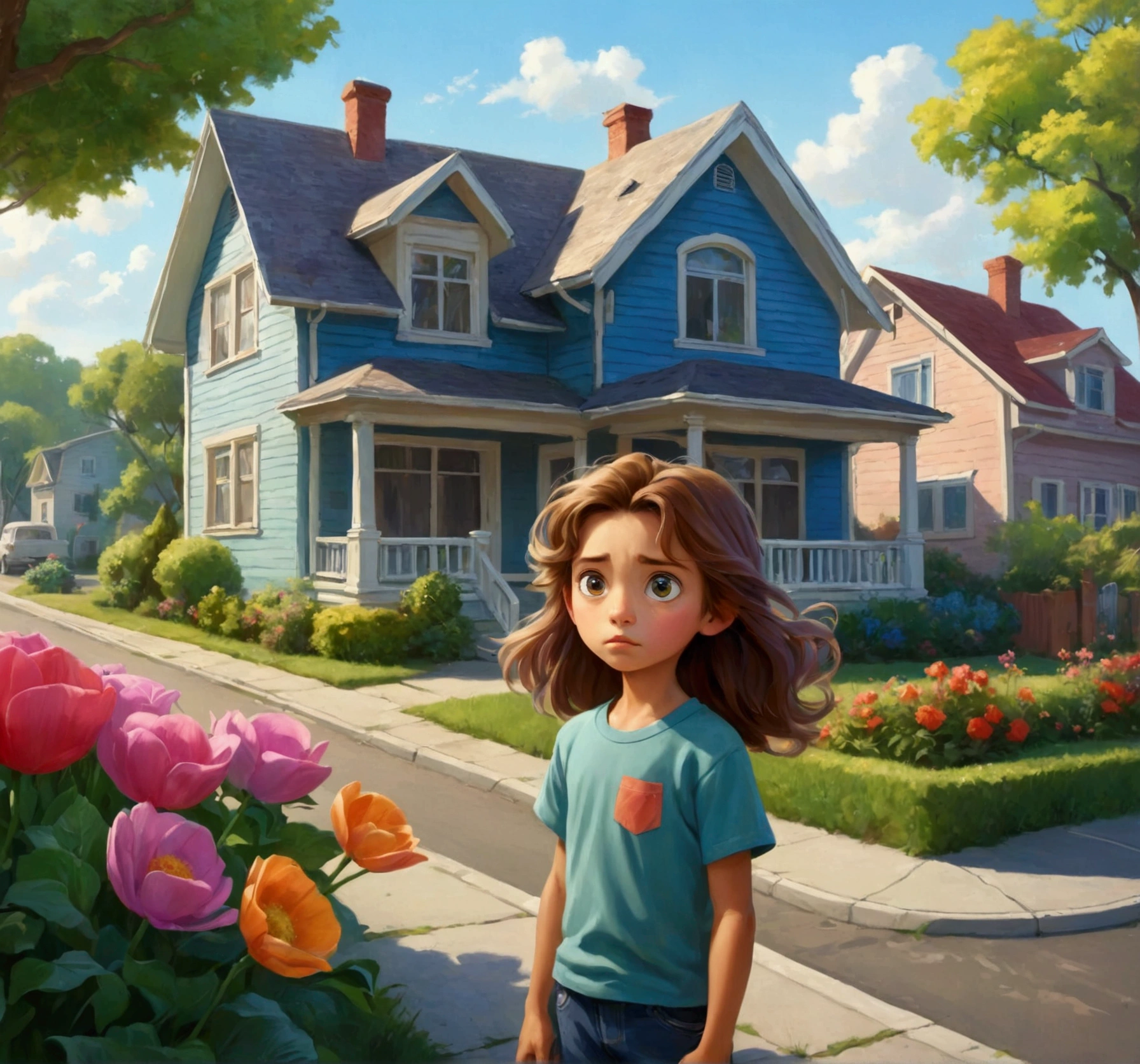 in a condominium, there are two houses opposite each other, separated by a road. The houses are identical, with small, well-kept gardens. In front of one of the houses, there is a young boy, wearing a casual shirt and jeans. he's standing still, looking straight at the house across the street with an expression of curiosity. In front of the opposite house, there is a young girl, with a colorful dress and loose hair. She is also looking directly at the boy's house with an interested look.. Both have an expression reminiscent of cartoon style., with big and expressive eyes, and their gazes are firmly focused on each other. The road between the houses is quiet, with some trees and flowers around.