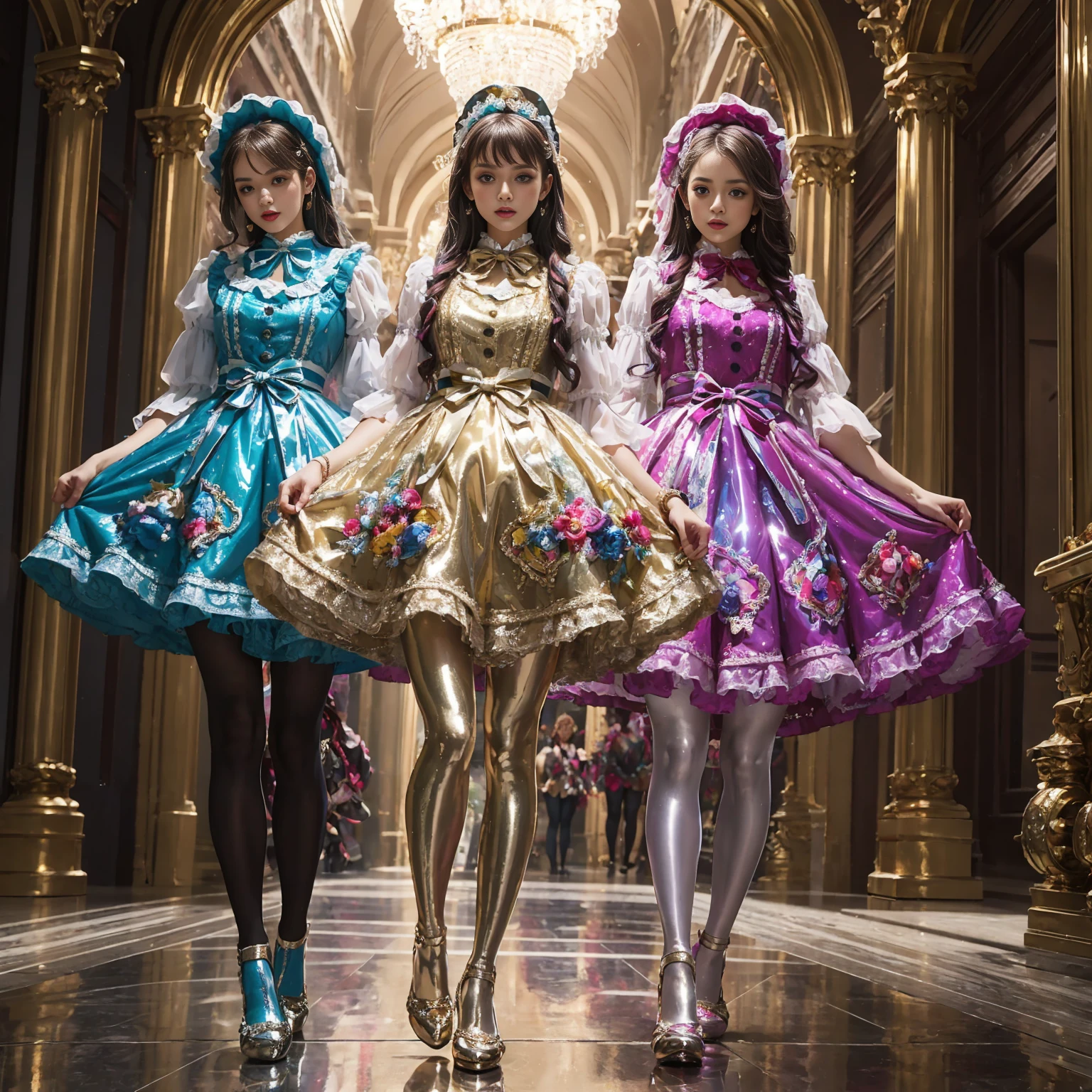 Movie poster composition, Ambilight, Nine-head body, Group photo, ((multicolored))，Three or more girls，Model figure, long-legged woman, A woman in a luxurious and elaborate ****ta dress, wearing ****ta mary jane shoes with ornate details, patterned tights, (Glossy Reflecting collection), (Glossy Reflecting collection), (Oily shiny)), (Metallic clothes), (Metallic dress), (Metallic tights):1.2)，standing on a snowy mountain, with reflective skin and reflective clothing, venusbody,Large movement amplitude, (full body shot), ray tracing, reflection light, chiaroscuro, UHD, masterpiece, anatomically correct, textured skin, super detail, high quality, 4K, highres