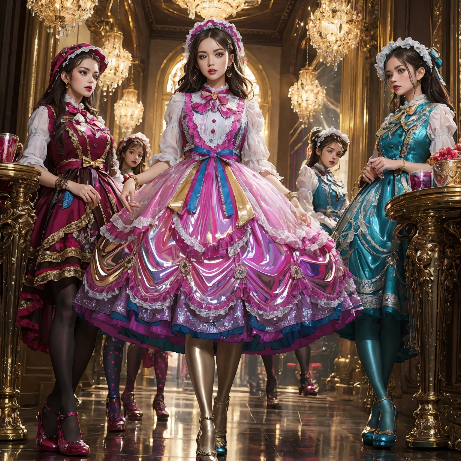 Movie poster composition, Ambilight, Nine-head body, Group photo, ((multicolored)),Three or more girls,Model figure, long-legged woman, A woman in a luxurious and elaborate lolita dress, wearing lolita mary jane shoes with ornate details, patterned tights, (Glossy Reflecting collection), (Glossy Reflecting collection), (Oily shiny)), (Metallic clothes), (Metallic dress), (Metallic tights):1.2),standing on a snowy mountain, with reflective skin and reflective clothing, venusbody,Large movement amplitude, (full body shot), ray tracing, reflection light, chiaroscuro, UHD, masterpiece, anatomically correct, textured skin, super detail, high quality, 4K, highres