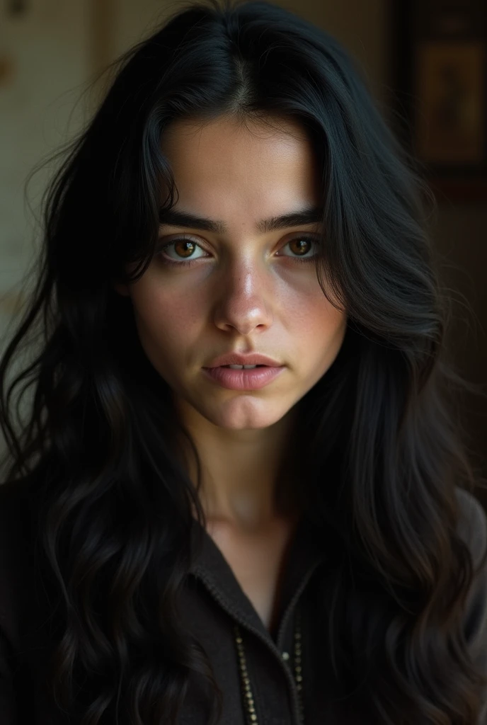 a thin young woman with sallow skin around 21 years old, a large, hooked nose, long black hair that frames her face in curtains, dark and penetrating brown eyes that appear black, resembles Vicky Krieps, has a strong presence, natural beauty, 1980s, United Kingdom, cinematic portrait, facing the audience, Harry Potter related setting