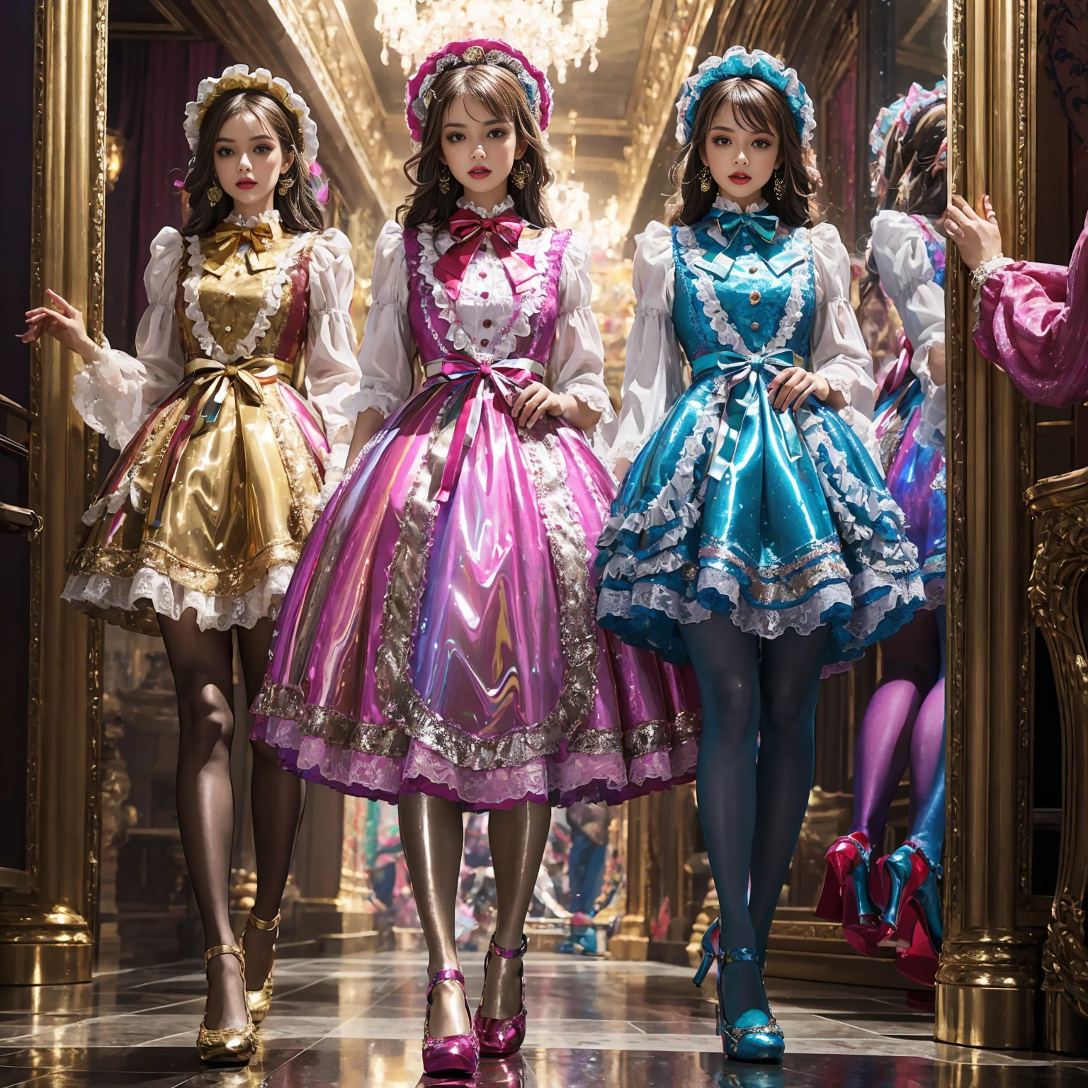 Movie poster composition, Ambilight, Nine-head body, Group photo, ((multicolored))，Three or more girls，Model figure, long-legged woman, A woman in a luxurious and elaborate lolita dress, wearing lolita mary jane shoes with ornate details, patterned tights, (Glossy Reflecting collection), (Glossy Reflecting collection), (Oily shiny)), (Metallic clothes), (Metallic dress), (Metallic tights):1.2)，standing on a snowy mountain, with reflective skin and reflective clothing, venusbody,Large movement amplitude, (full body shot), ray tracing, reflection light, chiaroscuro, UHD, masterpiece, anatomically correct, textured skin, super detail, high quality, 4K, highres