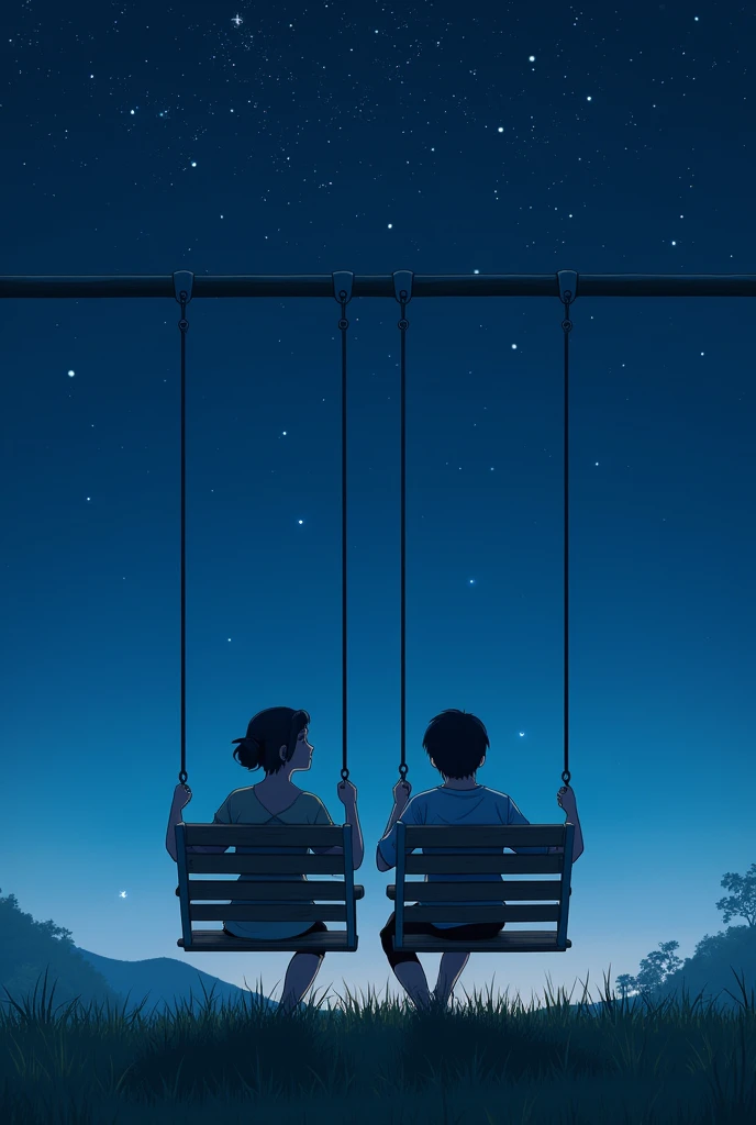 A couple sitting on swings on a hill looking at the sky with lots of stars at night