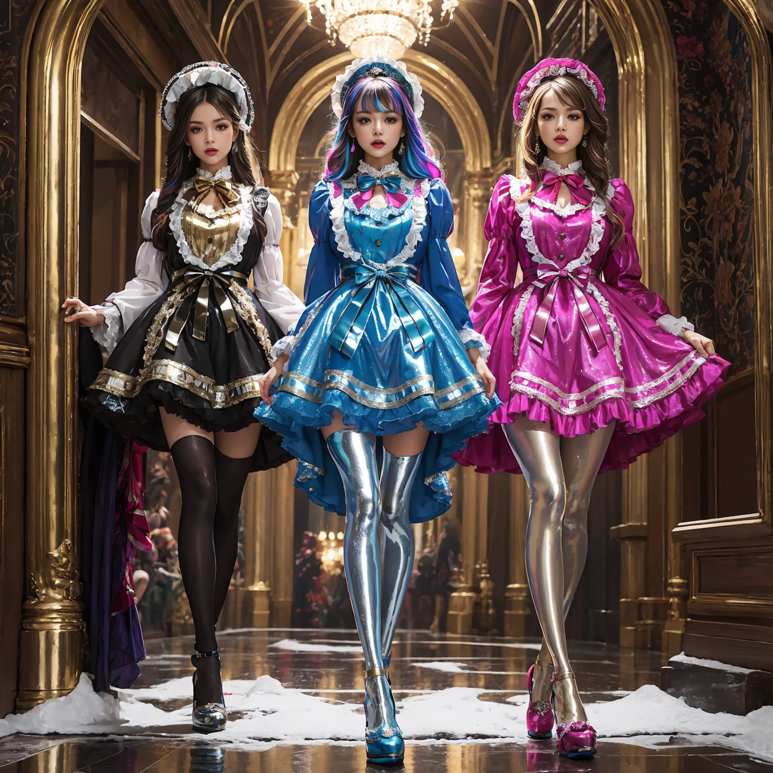 Movie poster composition, Ambilight, Nine-head body, Group photo, ((multicolored))，Three or more girls，Model figure, long-legged woman, A woman in a luxurious and elaborate lolita dress, wearing lolita mary jane shoes with ornate details, patterned tights, (Glossy Reflecting collection), (Glossy Reflecting collection), (Oily shiny)), (Metallic clothes), (Metallic dress), (Metallic tights):1.2)，standing on a snowy mountain, with reflective skin and reflective clothing, venusbody,Large movement amplitude, (full body shot), ray tracing, reflection light, chiaroscuro, UHD, masterpiece, anatomically correct, textured skin, super detail, high quality, 4K, highres