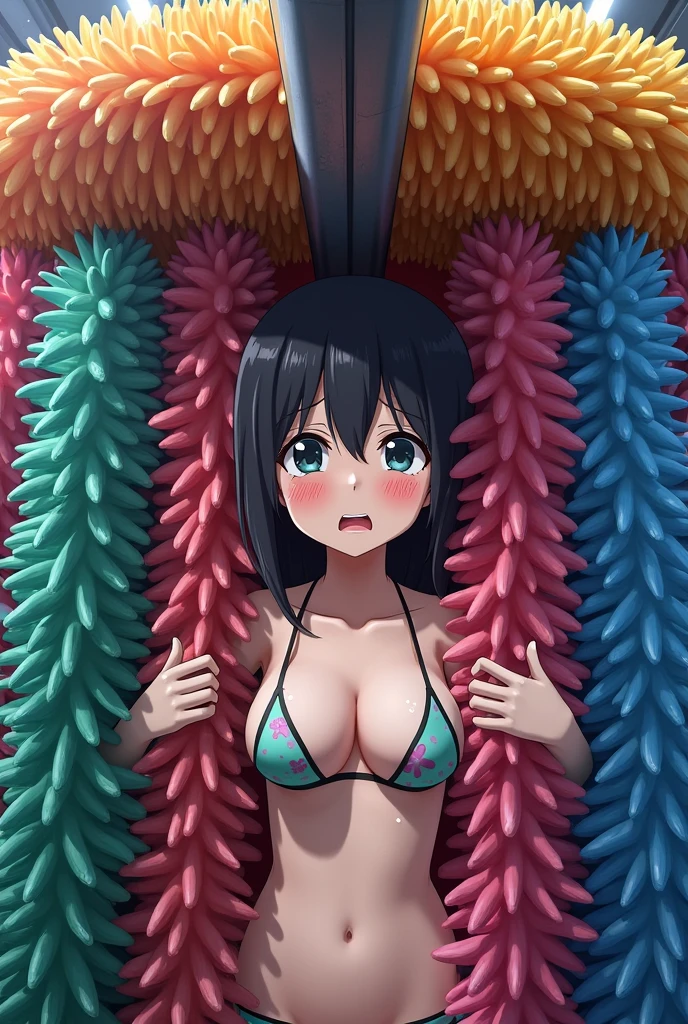 　High resolution, Blushing, Crying face、despair、Highest quality, Anatomically correct, Character portrait, Swimwear、anime, Two large vertical poles、One large horizontal pole overhead、It is densely covered with colorful, fluffy, thin brush.、Being pinched and crushed、Similar to Cup Brush、They are lined up without any gaps.、The girl is stuck between the poles、Close tightly、Visible through the gap、whole body、Angle of view、After the brush、water droplets、Wide angle、Overall image