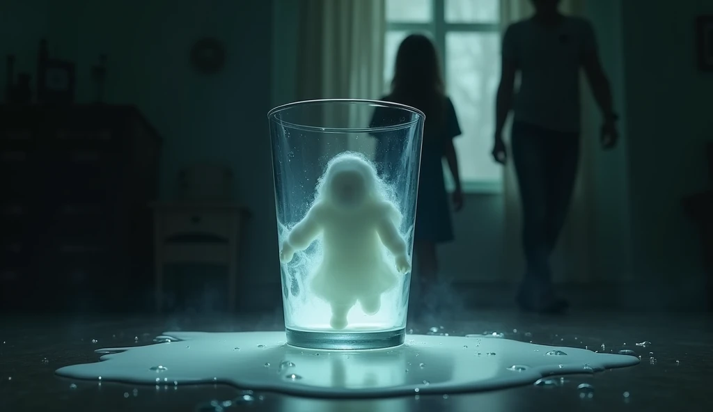 a dirty glass of milk in the foreground, with the poisoned milk spilling out and forming a ghostly figure resembling a young girl. The shadow of a mother and daughter is projected in the background, creating an atmosphere of tension. atmosphere of fear and horror