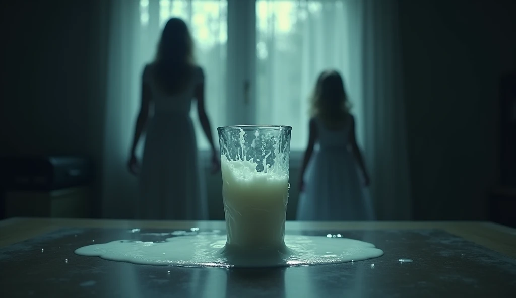 a dirty glass of milk in the foreground, with the poisoned milk spilling out and forming a ghostly figure resembling a young girl. The shadow of a mother and daughter is projected in the background, creating an atmosphere of tension. atmosphere of fear and horror