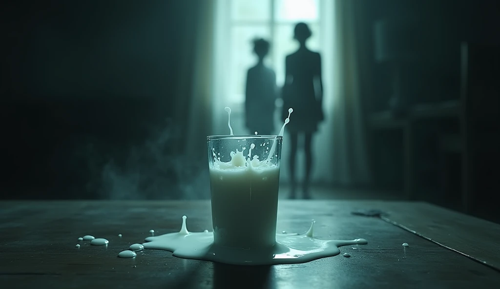 a dirty glass of milk in the foreground, with the poisoned milk spilling out and forming a ghostly figure resembling a young girl. The shadow of a mother and daughter is projected in the background, creating an atmosphere of tension. atmosphere of fear and horror