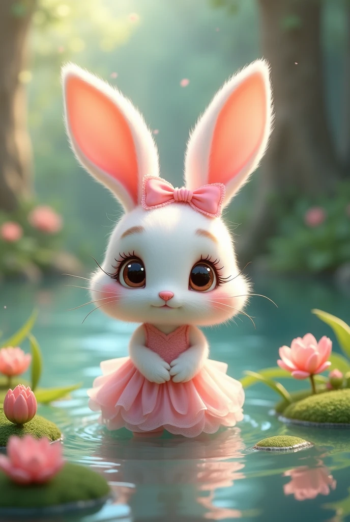 Bunny , Pink bow , fairy tale pond , eyelashes , wearing a soft pink dress