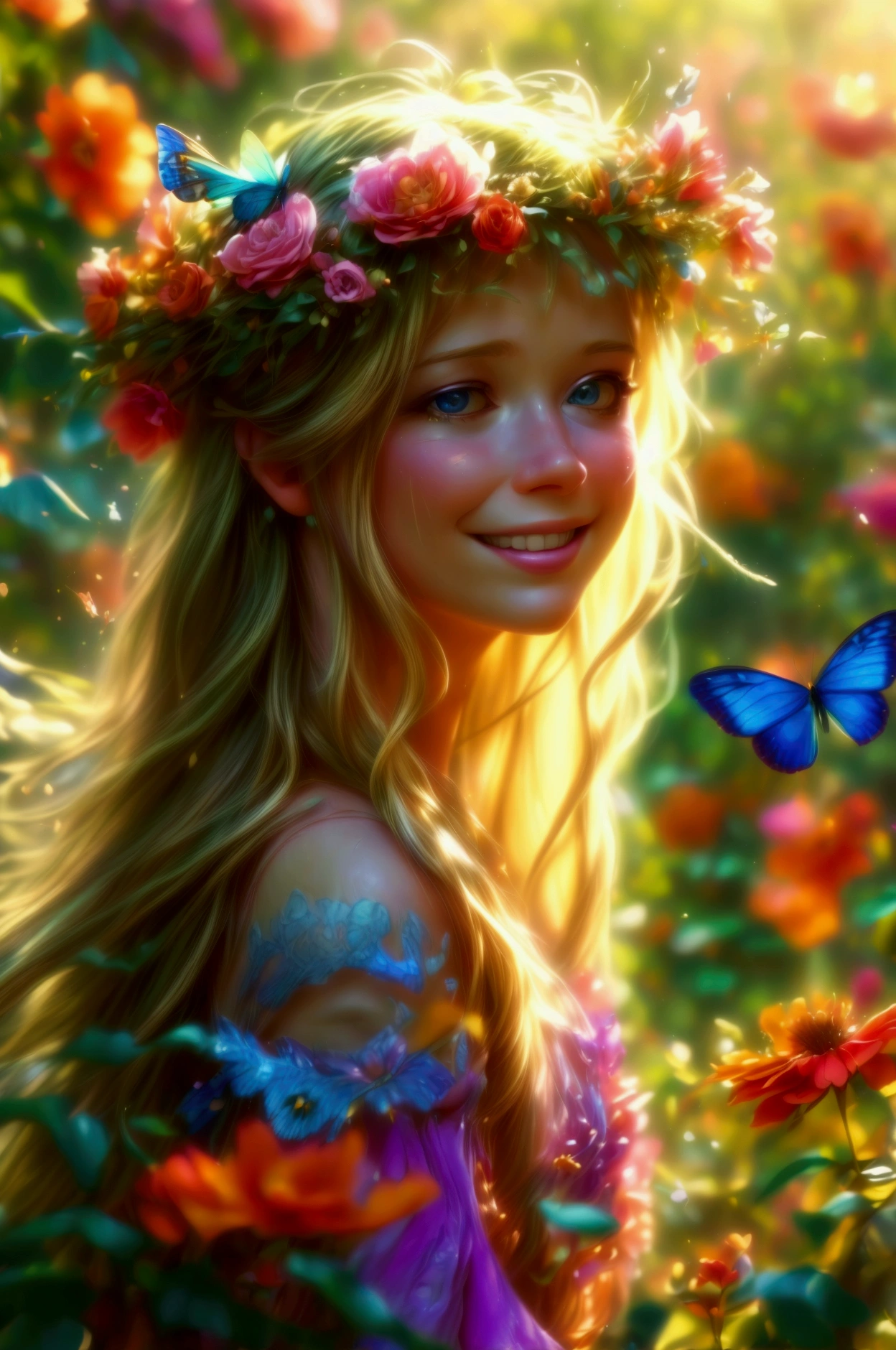 a happy girl in a beautiful garden, smiling, long blonde hair, flower crown, colorful dress, sunlight, butterflies, lush greenery, (best quality,4k,8k,highres,masterpiece:1.2),ultra-detailed,(realistic,photorealistic,photo-realistic:1.37),vibrant colors,natural lighting,serene,peaceful,idyllic,whimsical