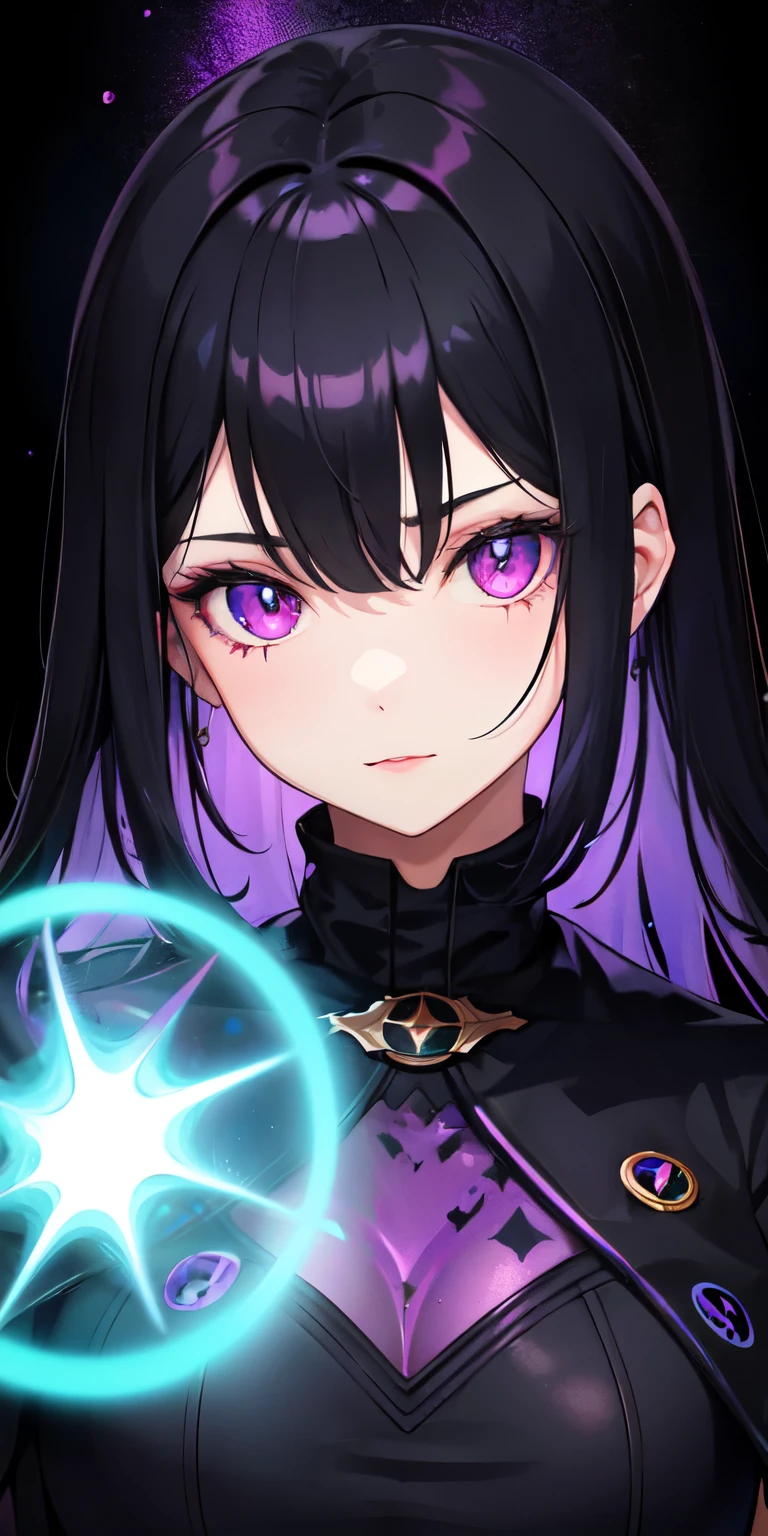 1 girl, Bblack hair, purples eyes, dark witch, bloodstains, black light particles, black light rays, wall-paper, hight contrast, colorfully,