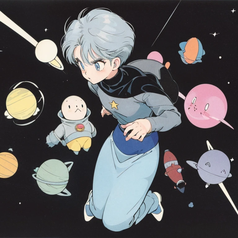 ((a cute girl)),gray hair,medium　short hair,black sweater,full body,flat fill,analogue,1990s,comic,Simple line art,retro anime,many colorful stars,night,space、no gravity,takahashi rumiko,simple、Very cute design、print,Simple Background、Paul Klee