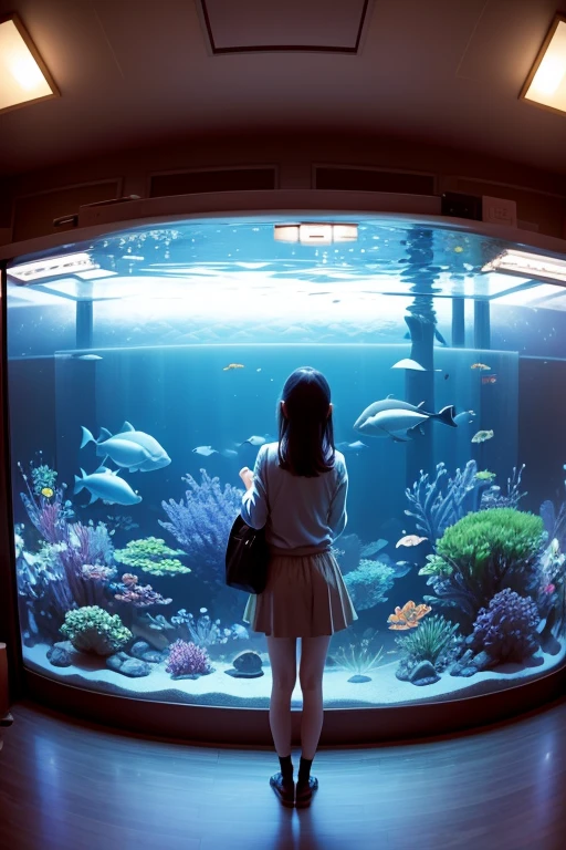 aquarium、A girl standing in front of a huge aquarium、Large single glass aquarium、Dimly lit interior、Quiet atmosphere、Girl looking up at a fish tank、There is a girl in the center、Angle of view from the rear、A tank much taller than the girl、Dolphin tank、A very wide aquarium