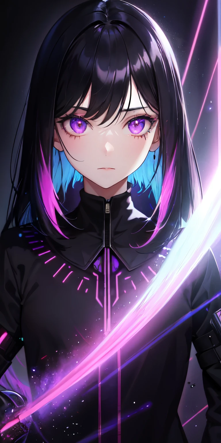 1 girl, Bblack hair, purples eyes, dark witch, bloodstains, black light particles, black light rays, wall-paper, hight contrast, colorfully,