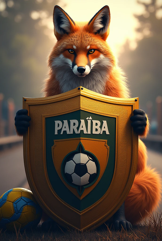 Shield of the Paraíba team Campinense Clube with a soccer ball and a giant, beautiful and strong ferocious fox in the background