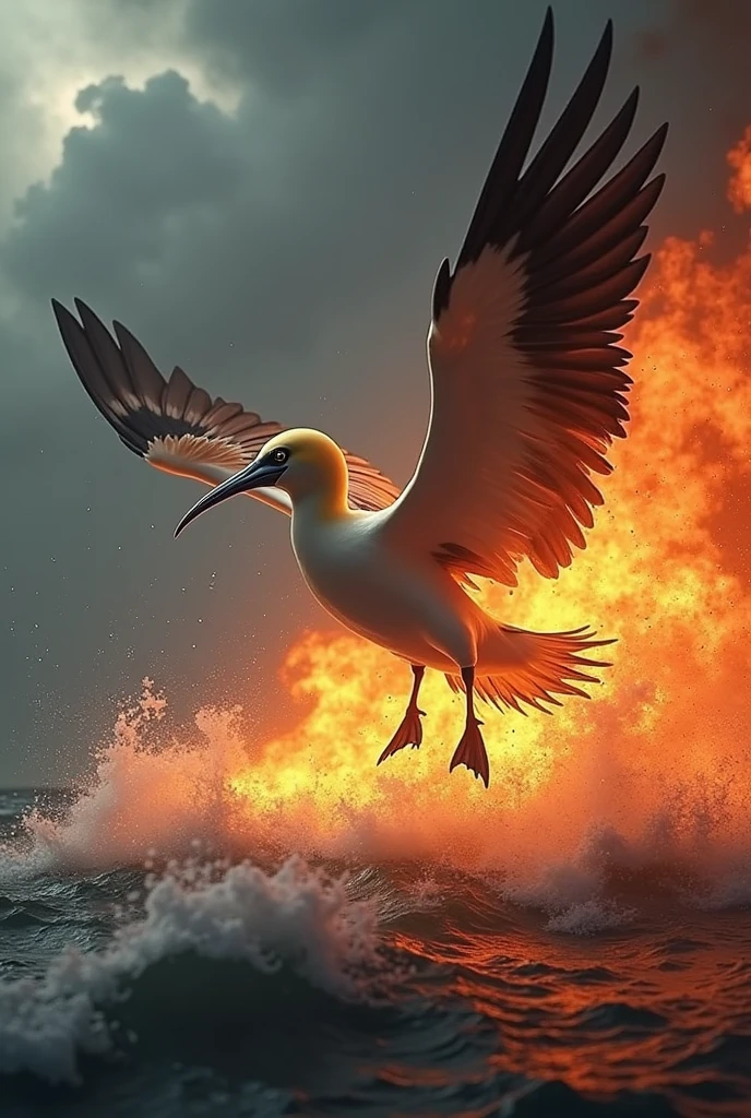 A gannet hitting itself with fire