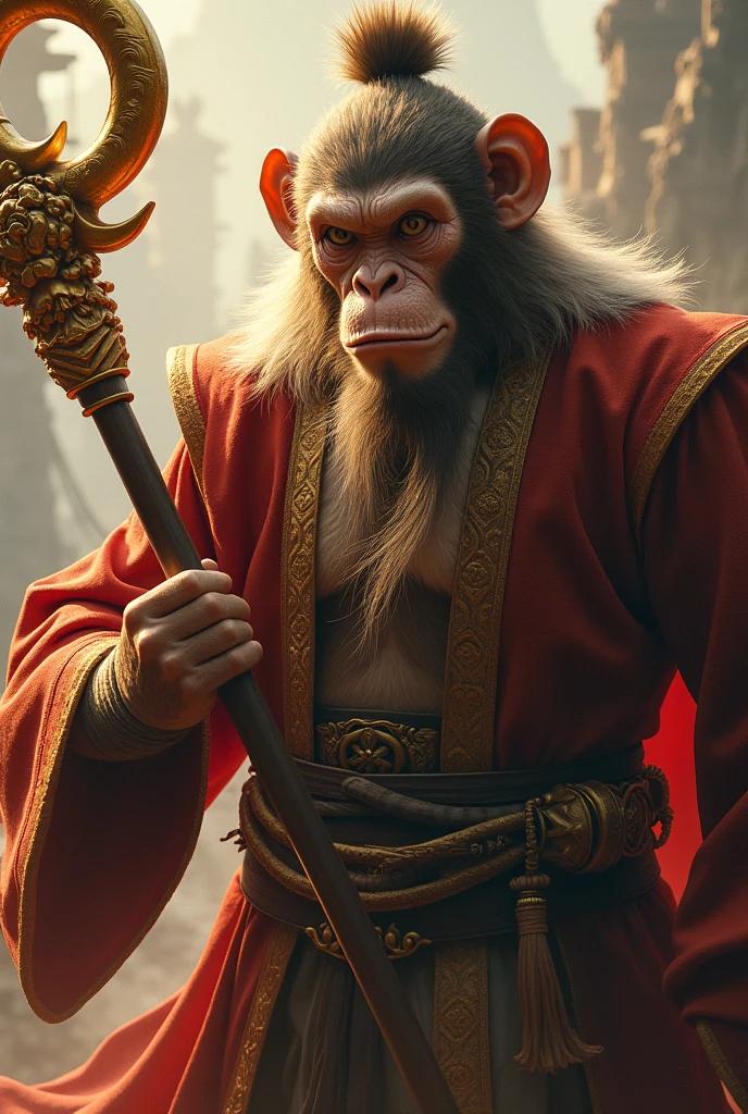 ((masterpiece,best quality)),A Monkey King holding a golden hoop,Chinese Mythology,Journey to the West,close up,Super Detail,Movie,Rich in details,masterpiece,best quality,Ultra Detailed,16k screen