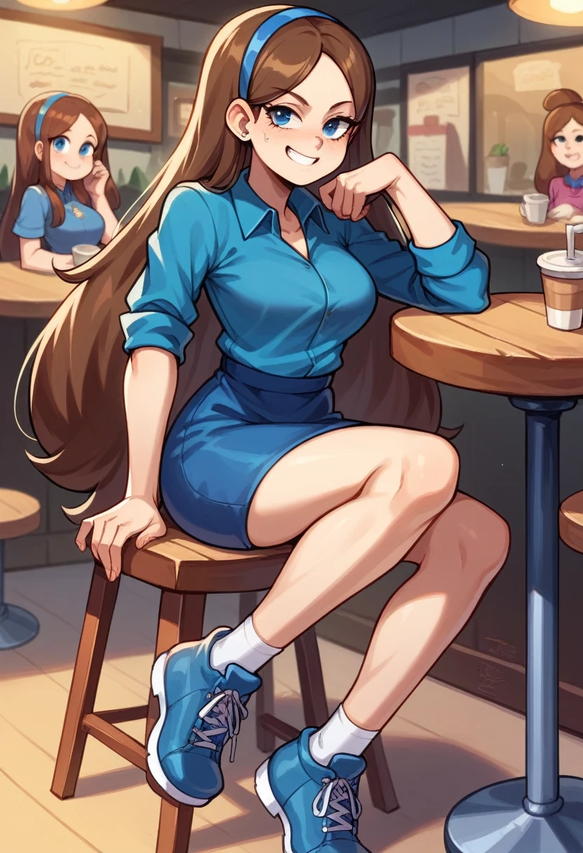 Girl, Mabel pains, gravity falls, reverse falls, reverse mabel, brown hair, long hair, blue shirt, tights, blue skirt, short skirt, blue shoes, blue eyes, blue bezel in hair, confident smile, arrogant look, sitting in a cafe, view down