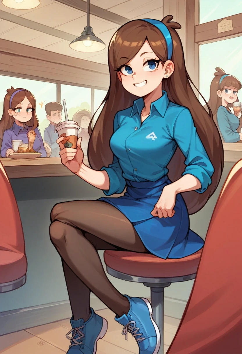 Girl, Mabel pains, gravity falls, reverse falls, reverse mabel, brown hair, long hair, blue shirt, tights, blue skirt, short skirt, blue shoes, blue eyes, blue bezel in hair, confident smile, arrogant look, sitting in a cafe, view down 