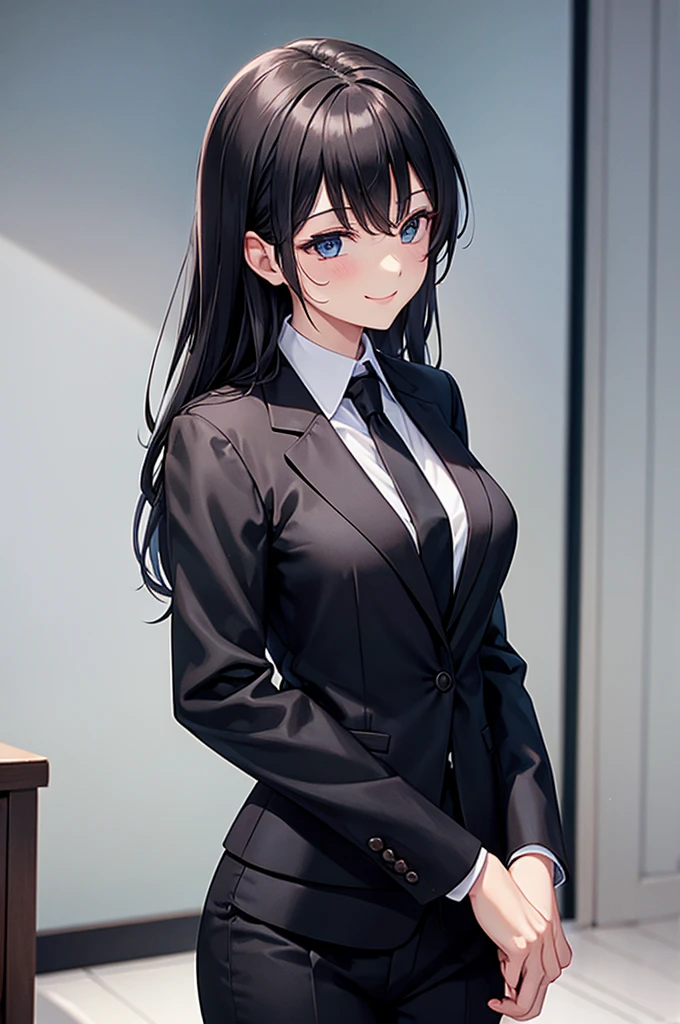A woman in a black suit　smile　tie