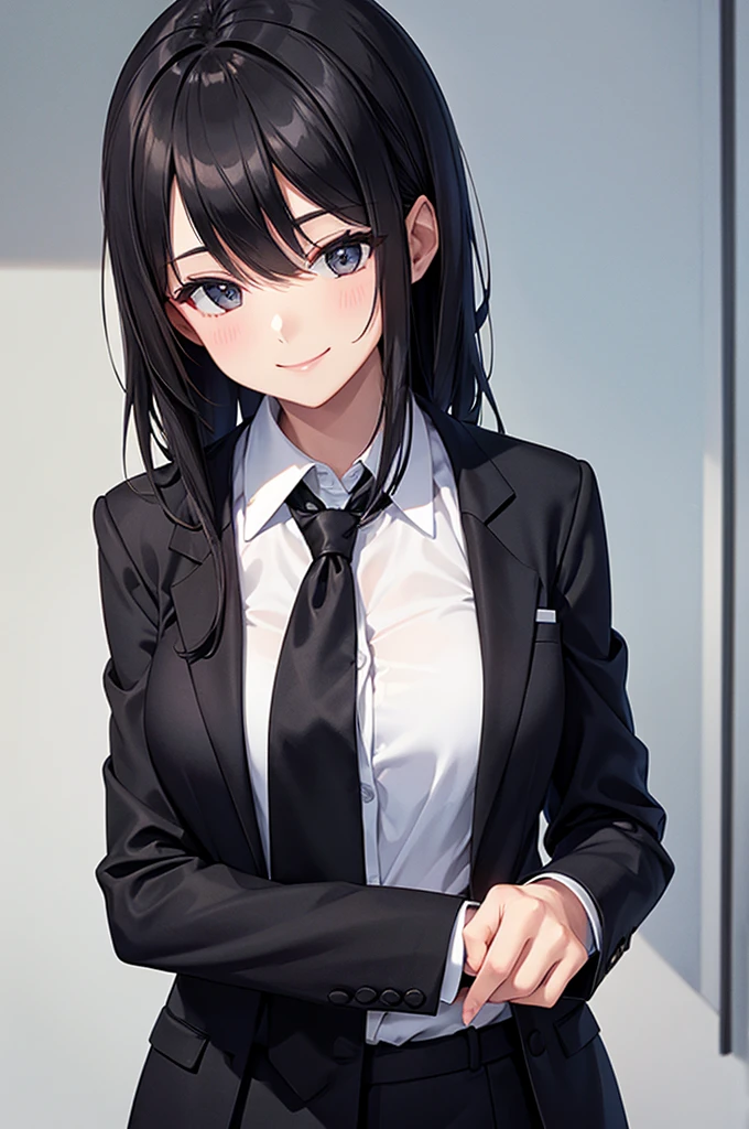 A woman in a black suit smile tie