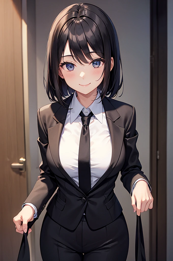 A woman in a black suit smile tie