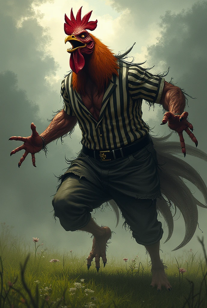 strong and avenging rooster in a human body with an evil face, black and white striped blouse without symbol and torn, screaming and celebrating the classification on the field lawn